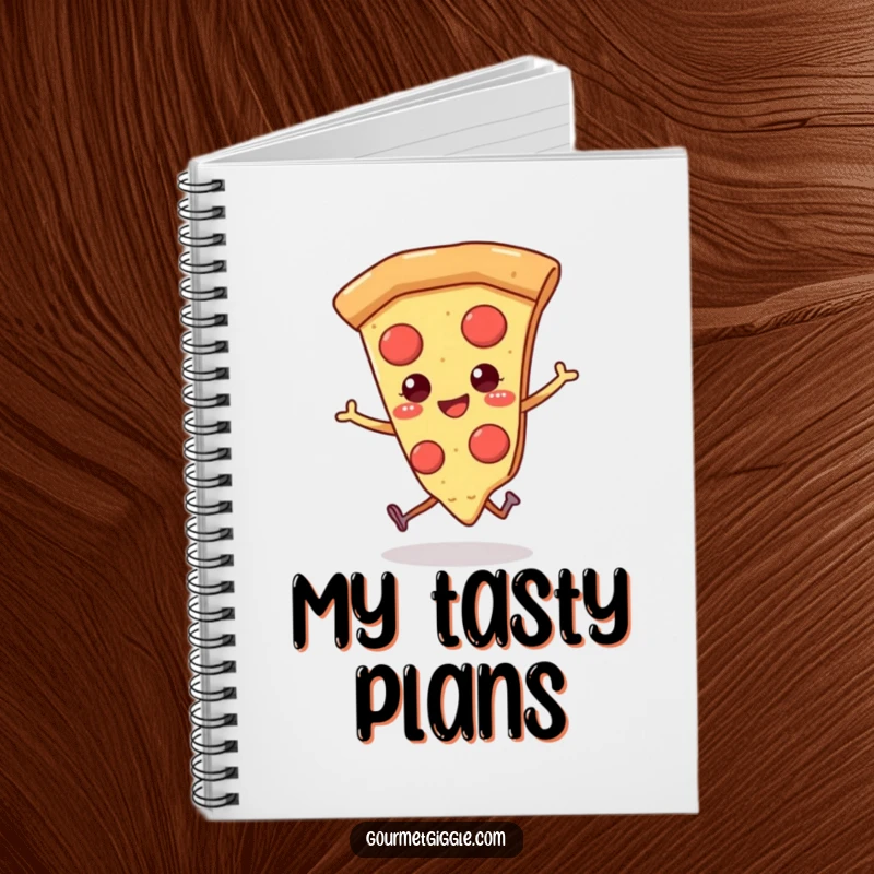 Funny pizza notebook featuring a smiling slice of pizza with tiny legs, joyfully skipping along for inspiration.