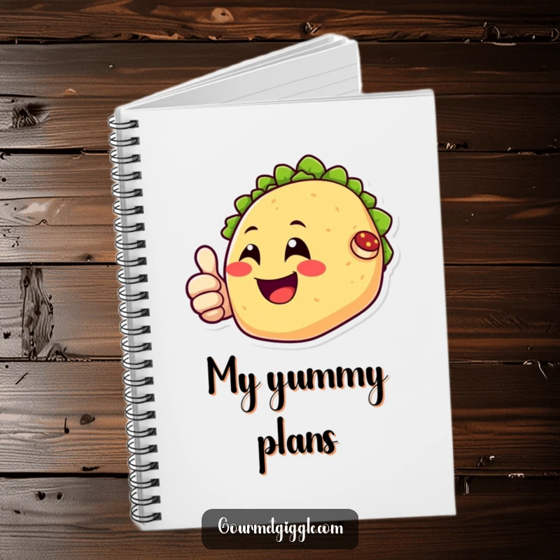 Funny notebook with a happy taco character smiling and giving a thumbs up, ideal for jotting down ideas with a positive vibe.