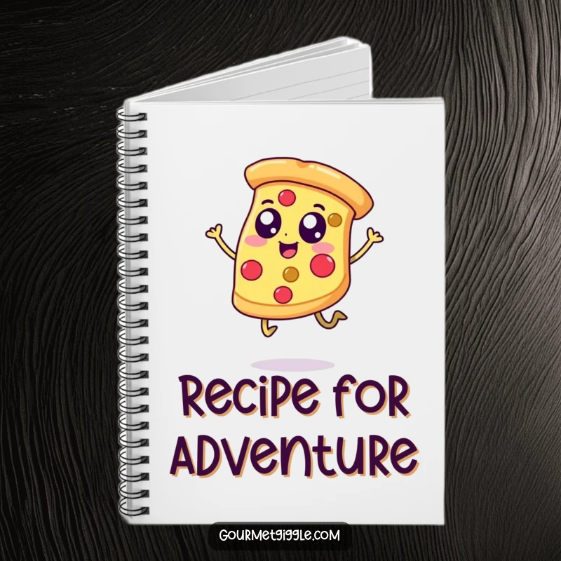 Funny notebook cover with a happy pizza slice with legs, jumping gleefully, designed for note-taking with a side of food-inspired fun.