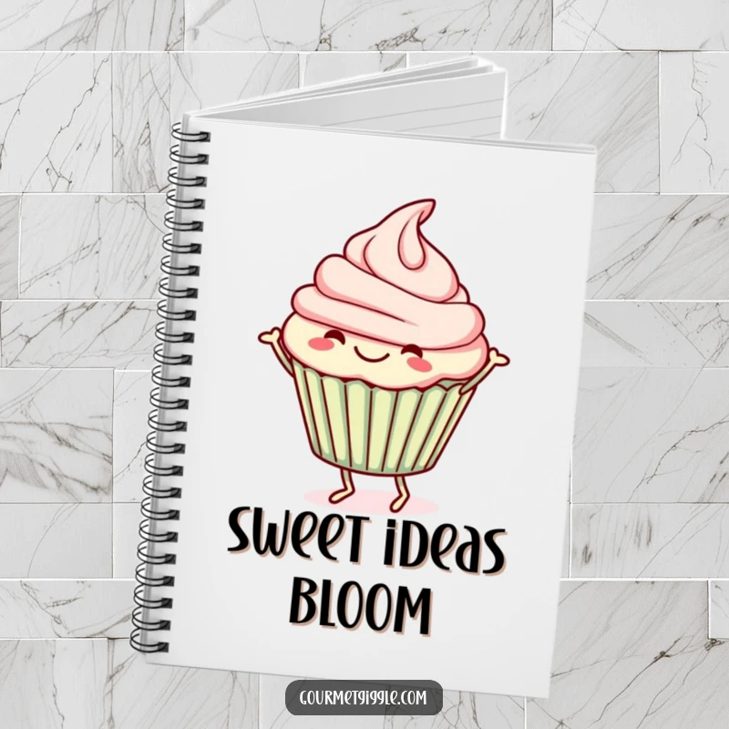 Funny Notebook cover featuring a cheerfully dancing cupcake, ready to inspire creative thoughts and to-do lists.