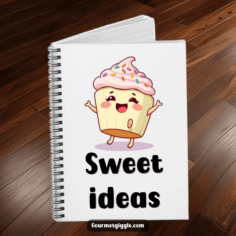 Funny notebook with a giggling cupcake doing a cartwheel, great for jotting down sweet and funny ideas.