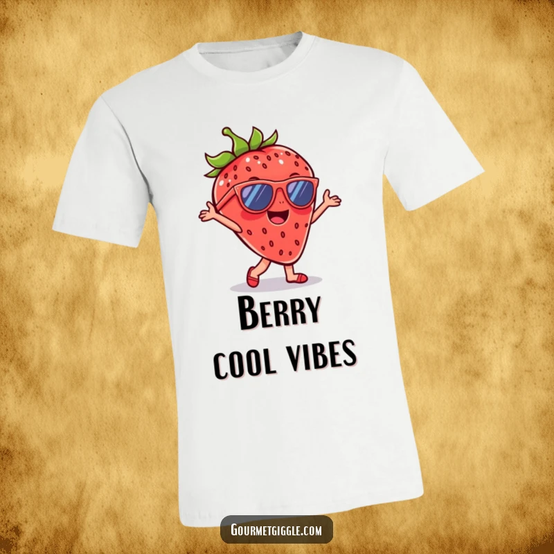 Funny Strawberry Sunglasses T-shirt featuring a cheerful dancing strawberry with cool shades, embodying pure joy and summer vibes.