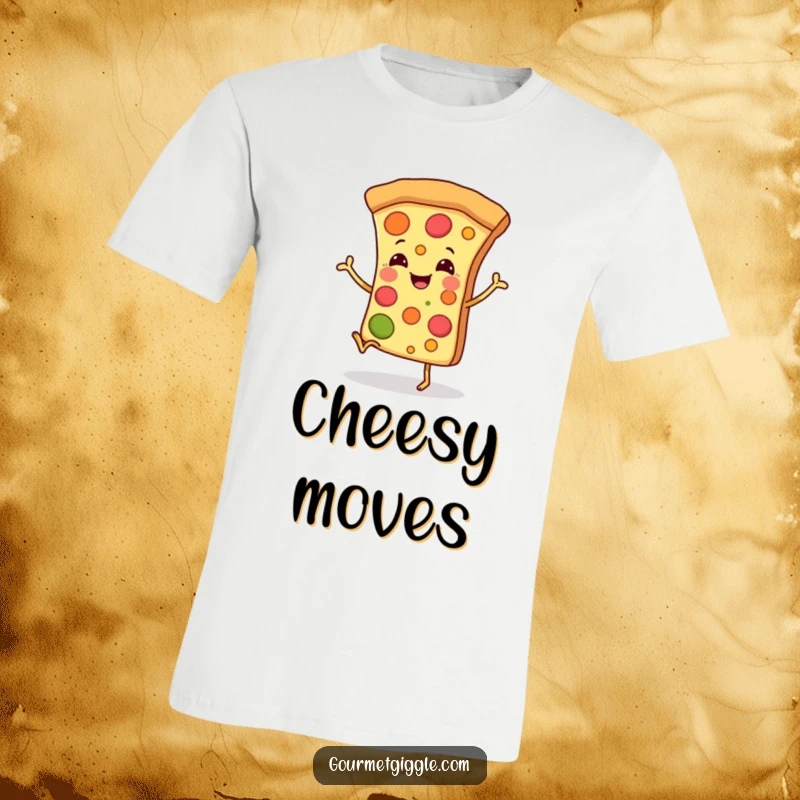 Funny t-shirt showcasing a smiling pizza slice with tiny legs, joyfully performing a happy dance, great for casual wear.