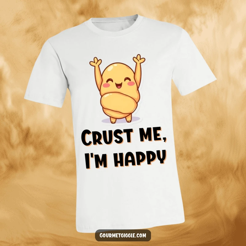 Funny croissant t-shirt featuring a cheerful pastry with arms raised in a happy cheer. A delightful and spirited design.