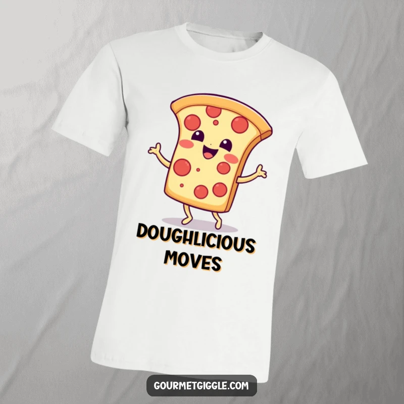 Funny T-Shirt: A smiling pizza slice energetically doing a happy jig, embodying cheesy dance moves and pure food-related happiness.
