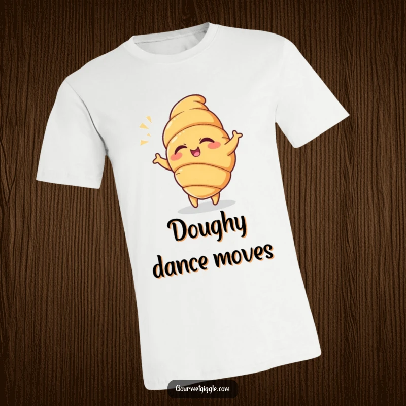 Funny Croissant T-Shirt depicting a winking croissant in a playful dance pose with a flourish, exuding whimsical charm.
