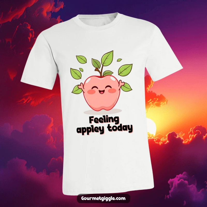 Funny Apple Juggling Leaves T-Shirt: A smiling apple performs a juggling act with its own leaves, radiating joy and natural charm.