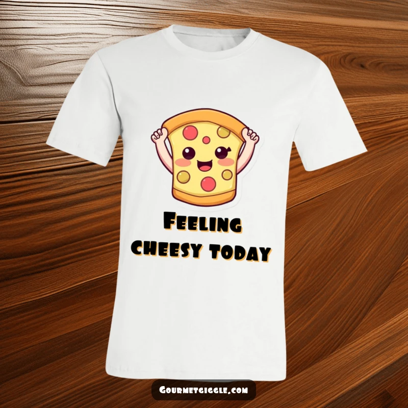 Funny pizza slice t-shirt featuring a cheerful pizza character with its diminutive arms spread wide in a joyful pose. Ready to party.