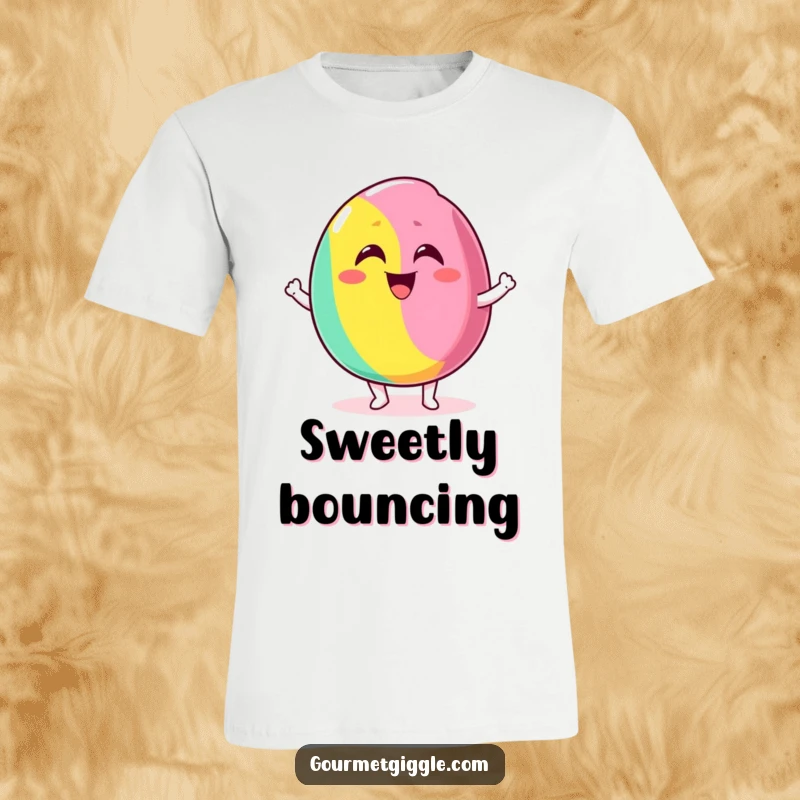 Funny t-shirt depicting a delighted candy with a silly grin bouncing excitedly, celebrating sweet joy and energy.