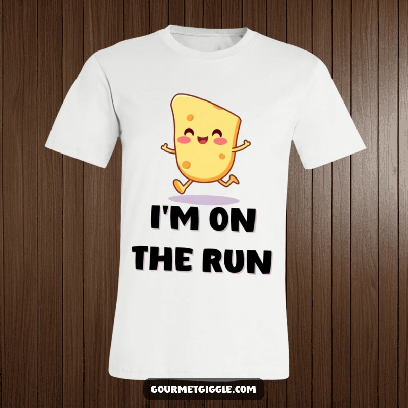 Funny cheese slice character t-shirt, a happy, round cheese piece doing a wobbly trot, full of dairy delight.