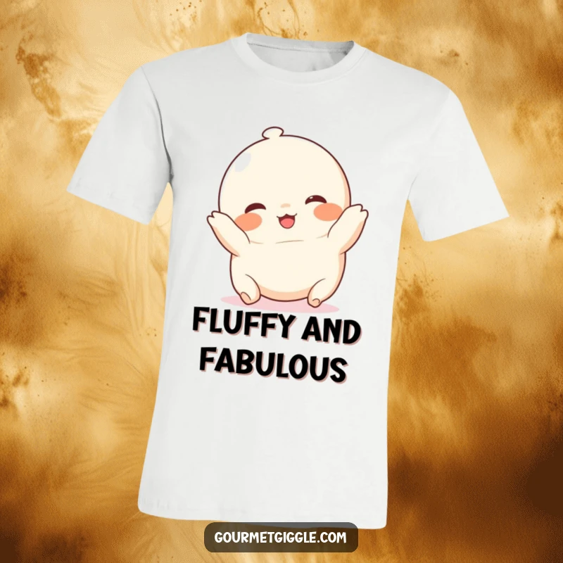 Funny chubby dumpling t-shirt, a round, rosy-cheeked character in a joyful tumble, celebrating deliciousness and fun.