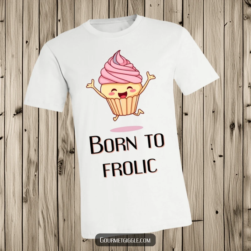 Funny cupcake t-shirt showing a jubilant cupcake with frosting, joyfully leaping high in the air.