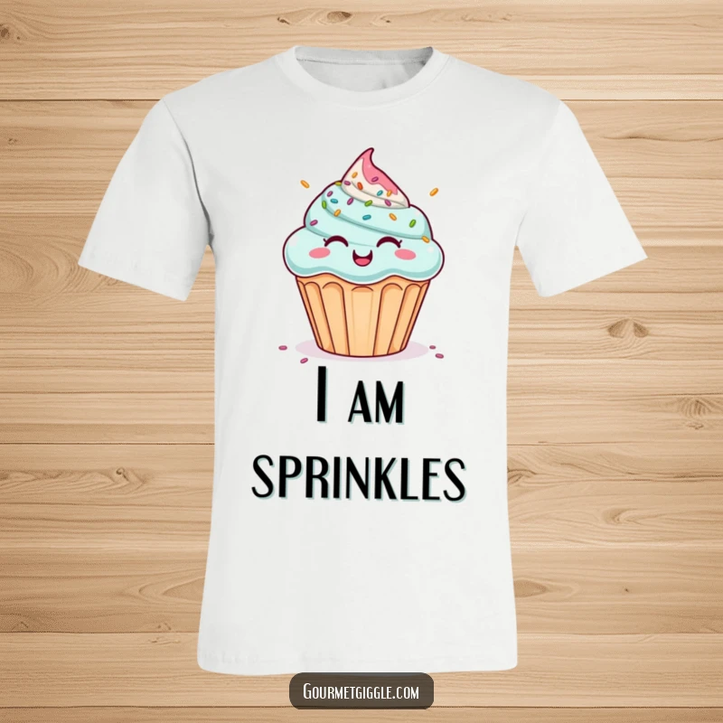 Funny t-shirt with a giggling cupcake under a shower of sprinkles. Sweet, humorous, and a fantastic funny gift.