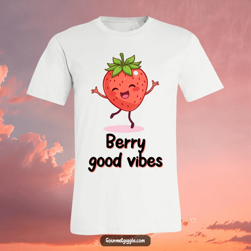 Funny t-shirt of a smiling strawberry with legs dancing happily, perfect for spreading joy and fruit cheer.