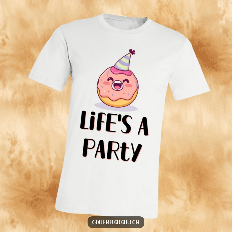 Funny delighted donut character wearing a tiny party hat on a t-shirt, showcasing a celebratory and cheerful design, a funny gift.