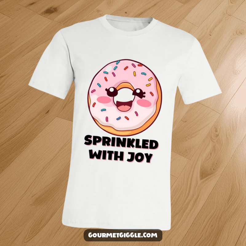 Funny Donut Sprinkles T-shirt featuring a laughing donut with its sprinkles wiggling with mirth, a delightful image of pure sugary happiness.