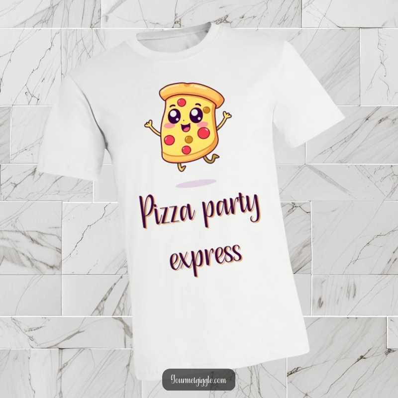 Funny t-shirt depicting a cheerful pizza slice with legs, captured mid-jump, radiating pure happiness and deliciousness.
