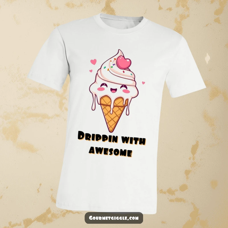 Funny Ice Cream Cone T-shirt featuring a delighted ice cream cone dripping with glee, a perfect representation of sweet, frozen happiness.