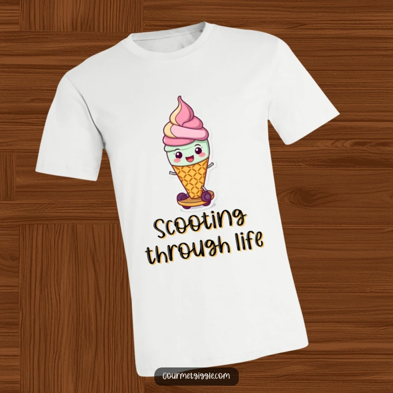 Funny t-shirt depicting a cheerful ice cream cone with legs, scooting along on its waffle base, radiating pure joy and sweetness.
