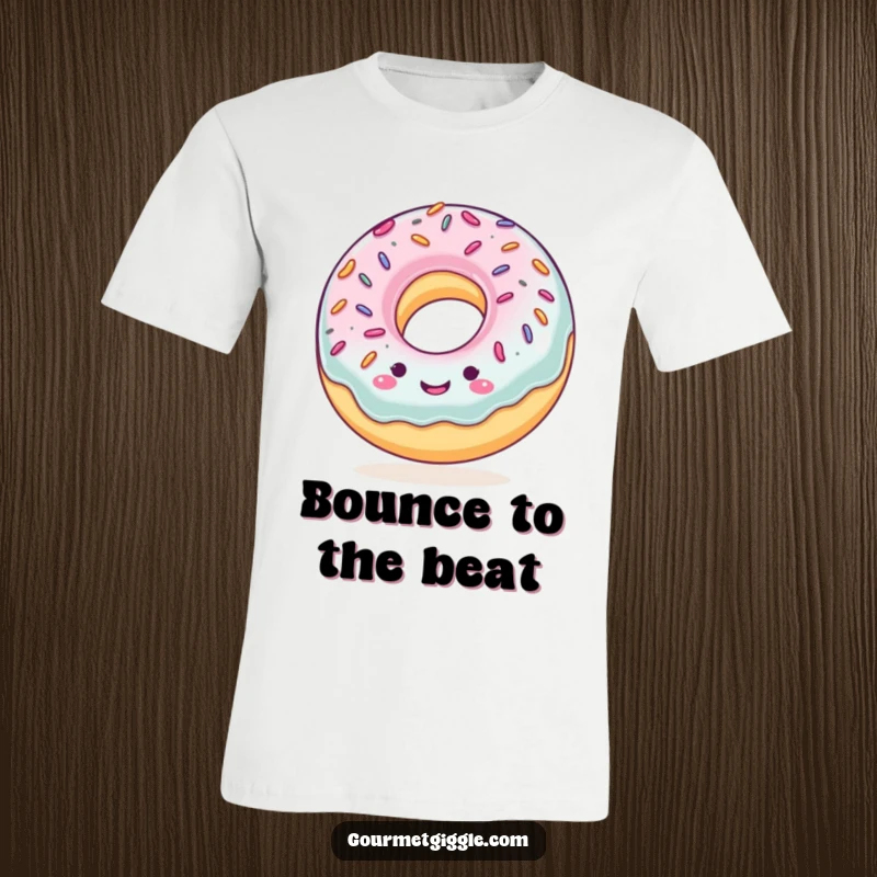 Funny t-shirt depicting a smiling donut with sprinkles, captured mid-bounce, radiating pure joy and sweetness.