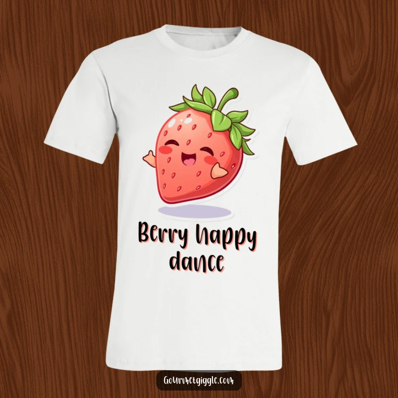 Funny Strawberry T-Shirt depicting a giggling strawberry performing a playful spin, exuding infectious happiness and fruity charm.