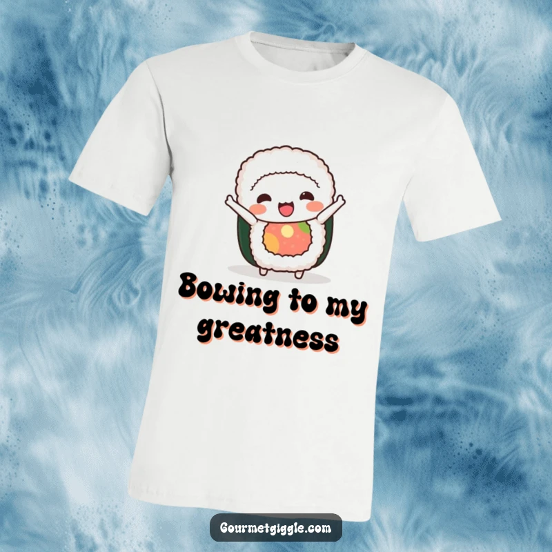 Funny sushi roll t-shirt showcasing a happy character doing a comical, elegant bow, ideal for casual wear and humor enthusiasts.