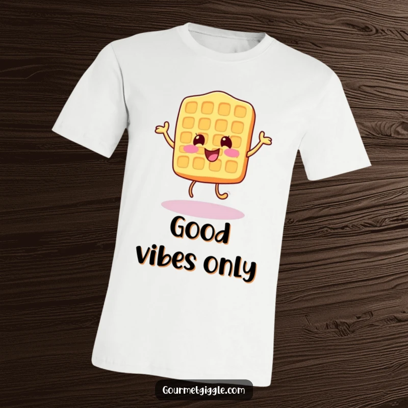 Funny T-Shirt featuring a happy waffle character performing a delightful little bounce, symbolizing morning cheer.