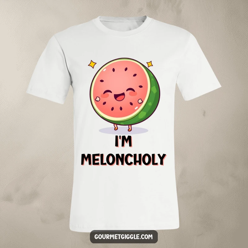 Funny watermelon t-shirt with a giggling slice and star seeds doing cartwheels, a burst of joyful energy and summer vibes. Playful design.