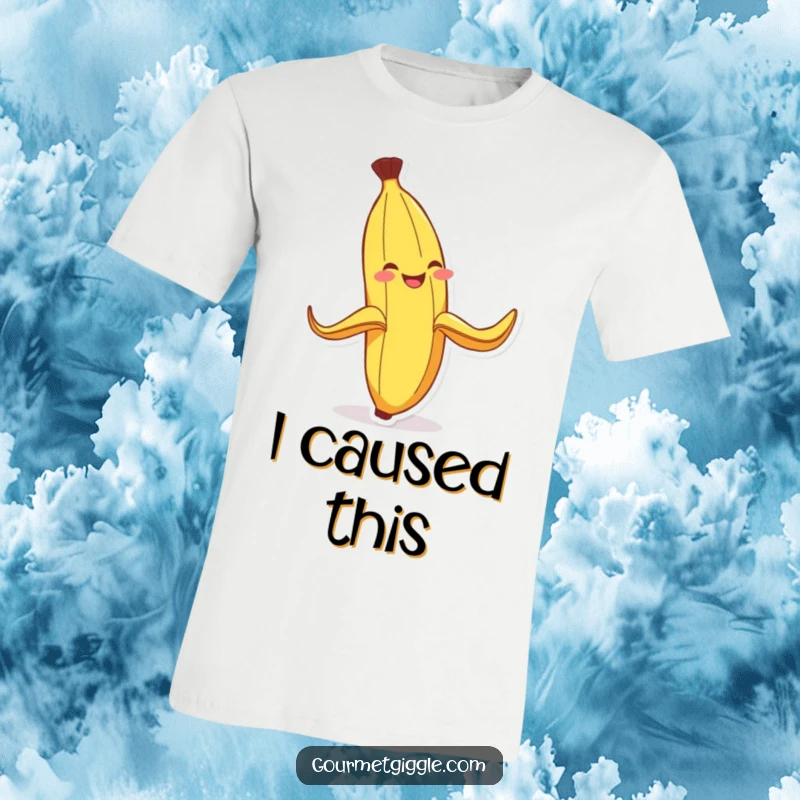 Funny Banana Peel Slip T-Shirt: A bright yellow banana peel comically slipping, its face showing a wide, mischievous grin, embodying pure slapstick fun.