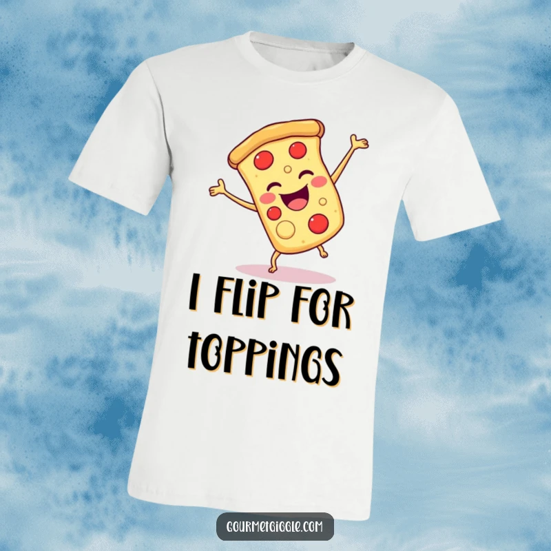 Funny pizza cartwheel t-shirt showcasing a smiling pizza slice doing a joyful cartwheel with energetic flair.