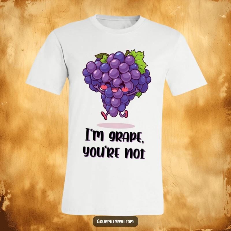 Funny t-shirt featuring an exuberant bunch of grapes caught mid-hop, radiating pure joy and fruity energy.