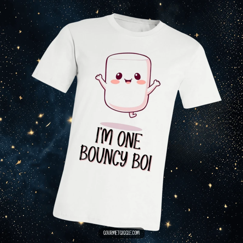 Funny Marshmallow Bounce T-Shirt: A smiling marshmallow is captured mid-bounce, showcasing its fluffy charm and energetic spirit.