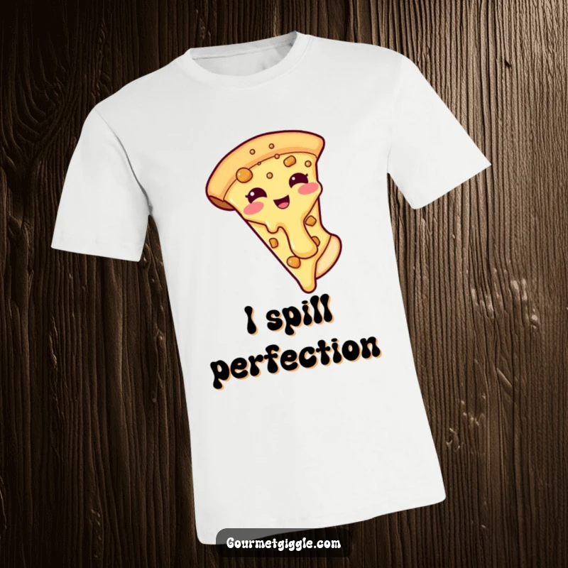 Funny t-shirt with a smiling pizza slice character whose cheesy topping is comically sliding off, celebrating delicious food humor.