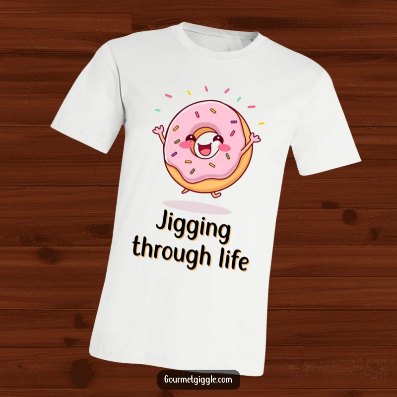 Funny donut t-shirt featuring a gleeful donut character performing a lively jig with colorful sprinkles scattering around. A sweet and fun design.