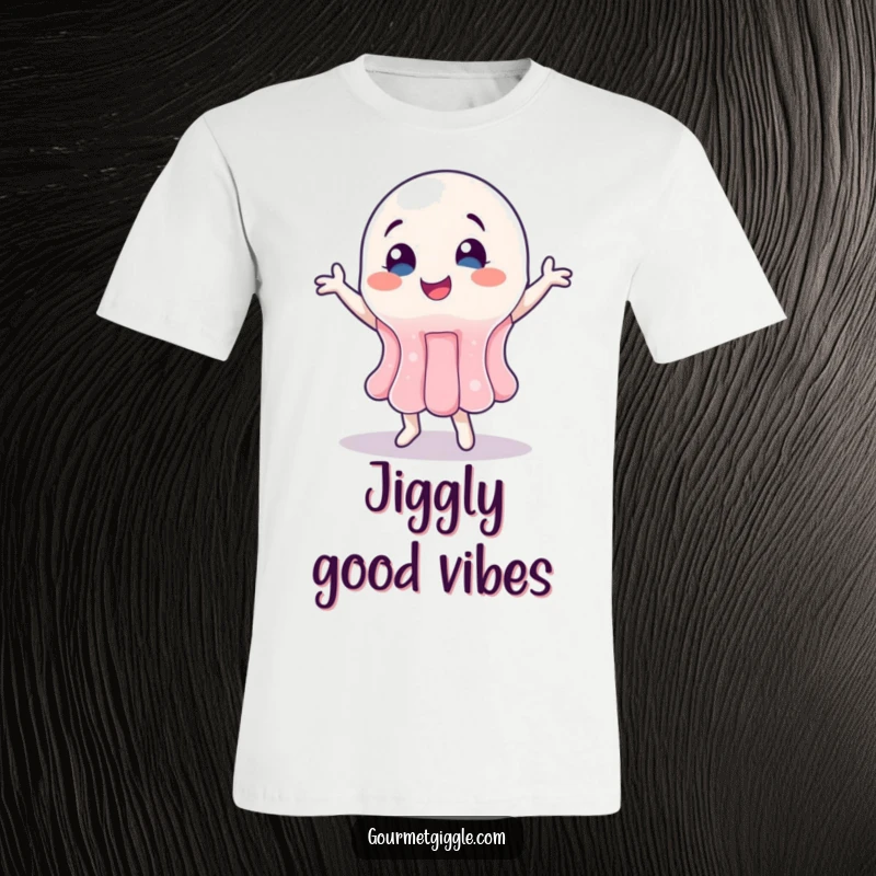 Funny Jelly T-Shirt showing a wobbly jelly character performing a joyful and energetic happy dance.