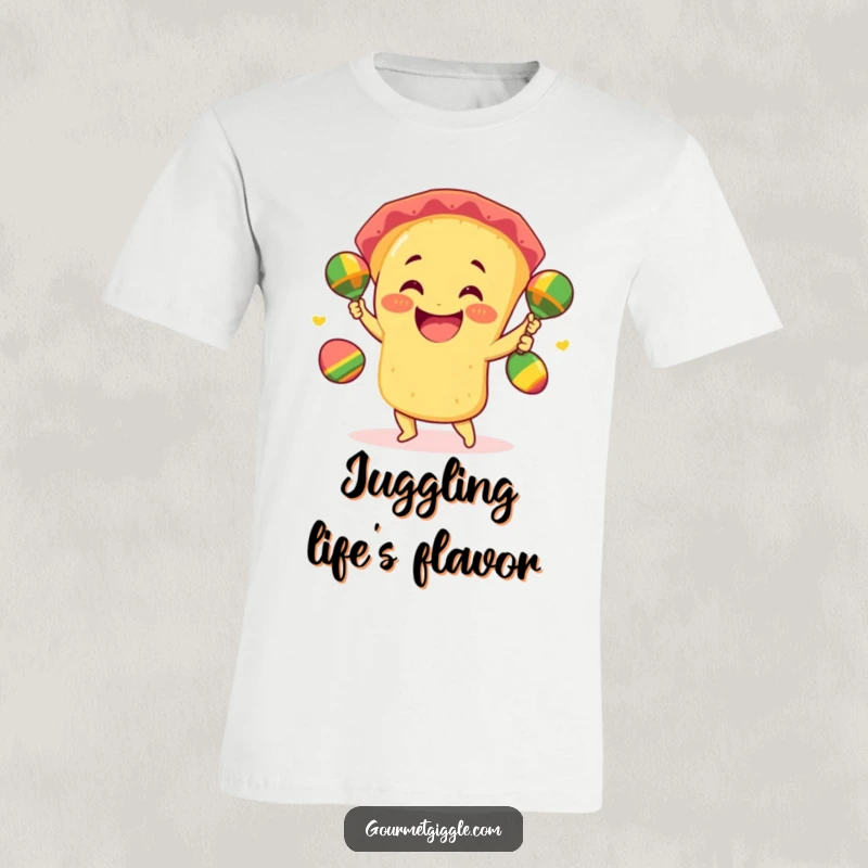 Funny taco t-shirt featuring a smiling taco juggling three mini maracas with infectious giddy excitement and festive energy.