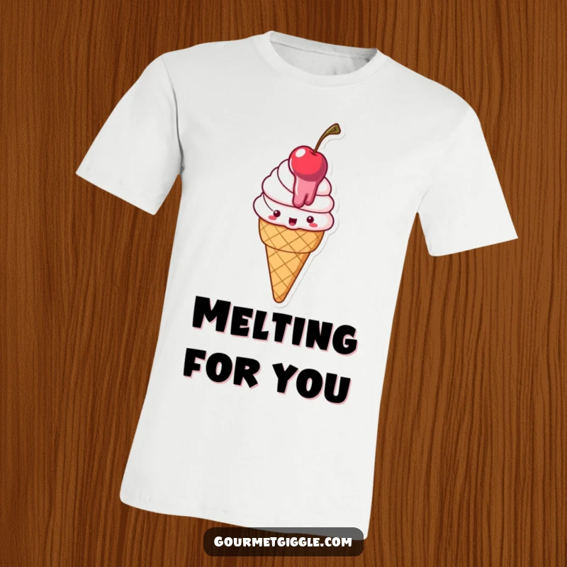 Funny T-Shirt featuring a happy, melting ice cream cone with a cherry, capturing a moment of sweet surrender.