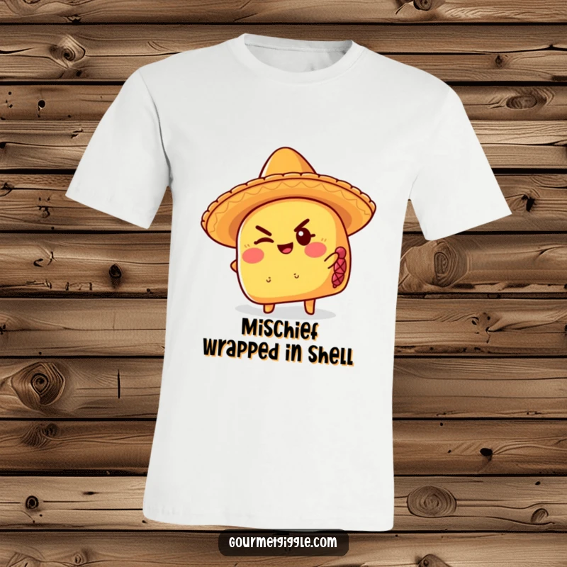 Funny taco t-shirt wearing a sombrero, giving a mischievous wink, perfect for parties and spreading festive humor.