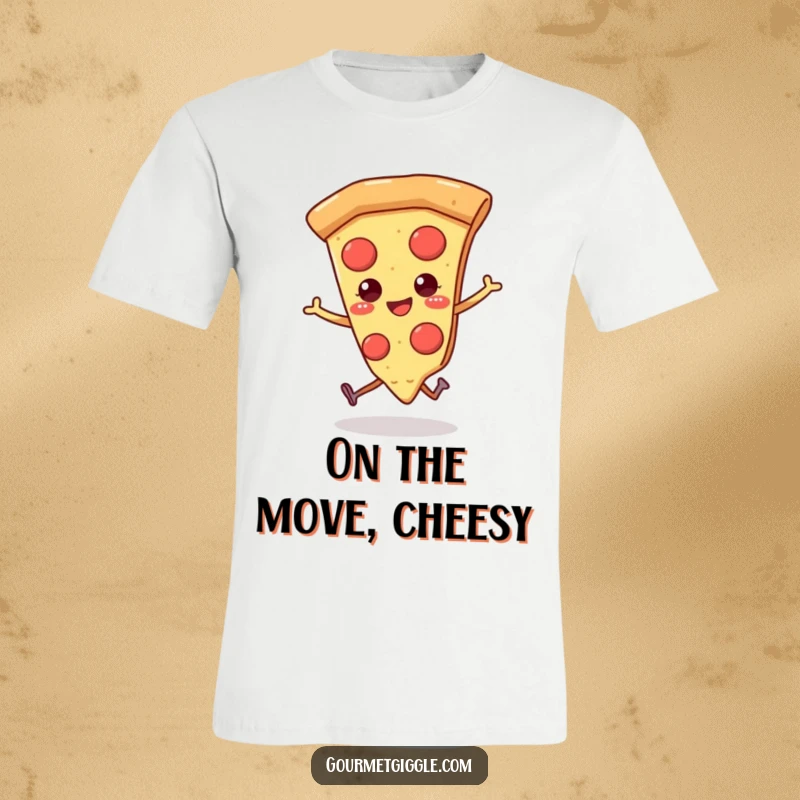 Funny pizza t-shirt featuring a smiling slice of pizza with tiny legs, playfully skipping with infectious cheerfulness.