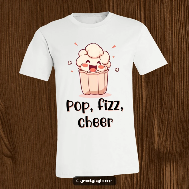 Funny popcorn kernel t-shirt featuring an ecstatic character exploding from a bag, capturing the thrill of movie snacks.