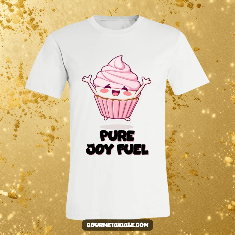 Funny Cupcake T-Shirt showing a smiling cupcake character in mid-leap, bursting with happiness.