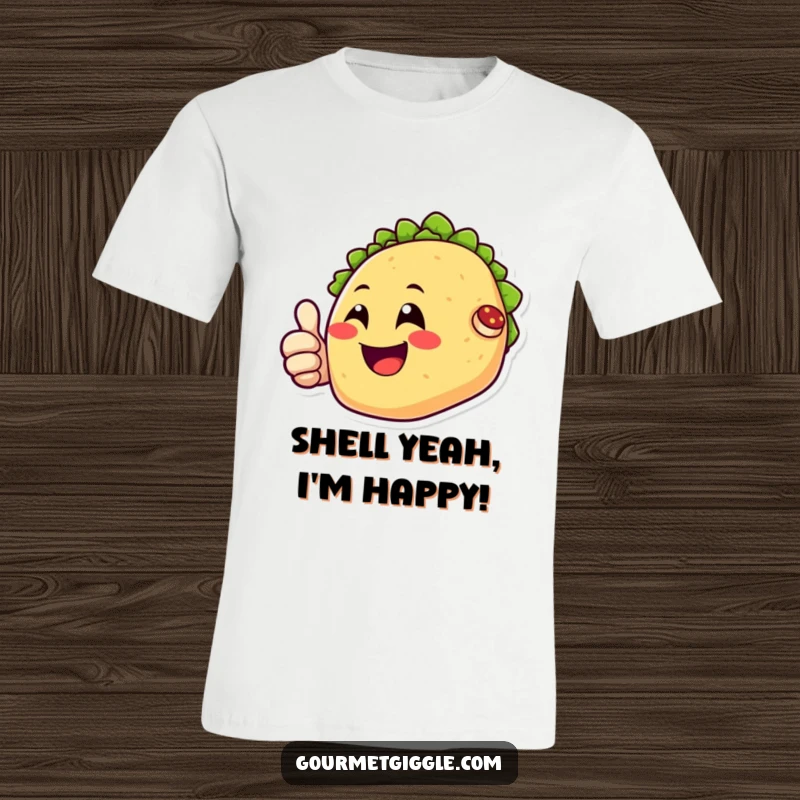 Funny t-shirt with a happy taco character smiling broadly and giving a positive thumbs up gesture.