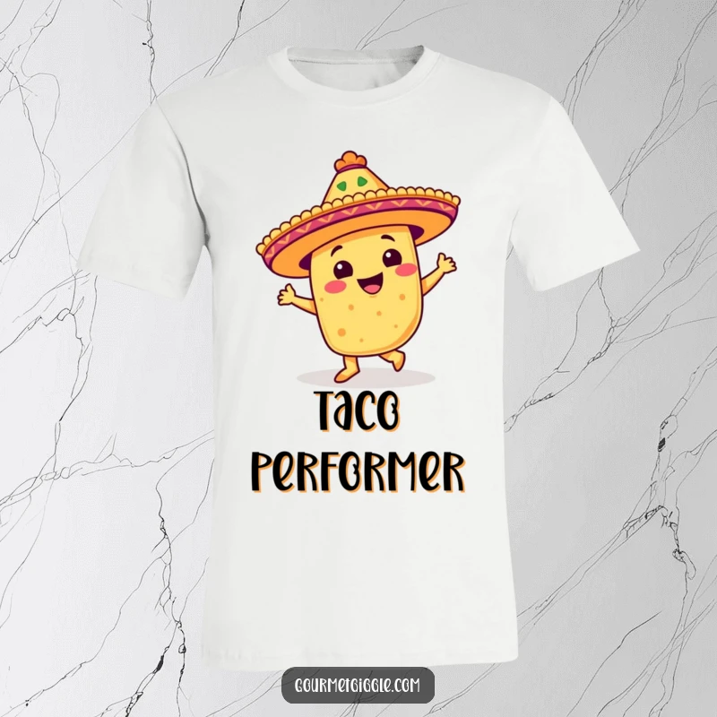 Funny t-shirt showcasing a beaming taco with a festive sombrero performing a salsa step, great for casual fiesta wear.
