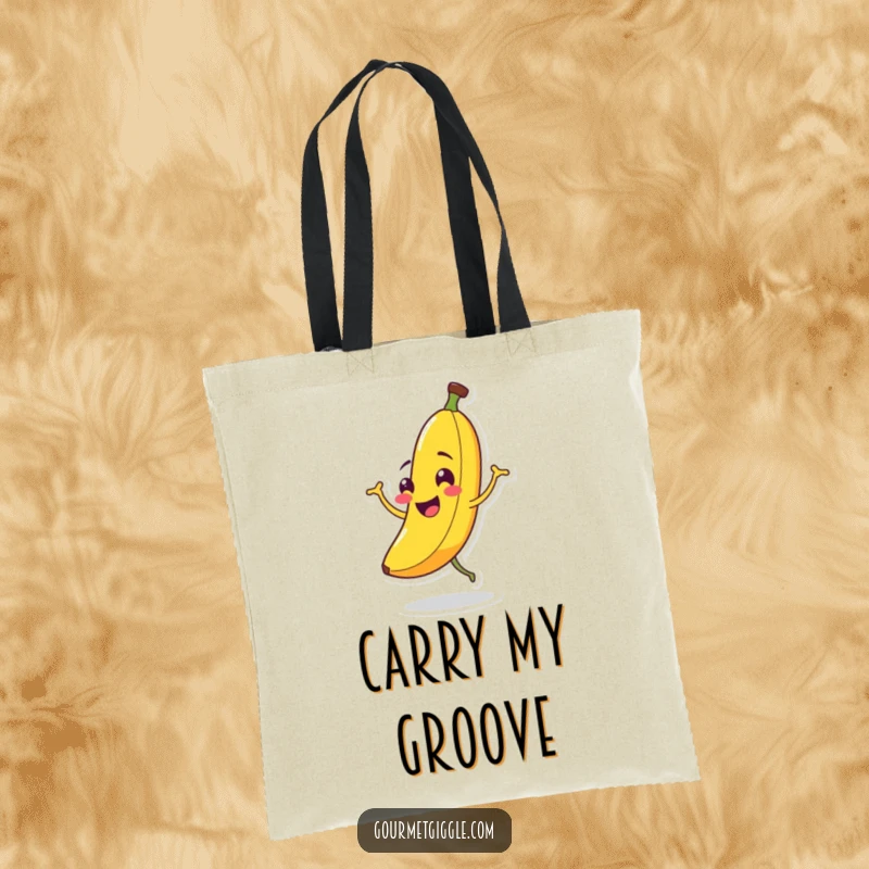 Funny Banana Jigging Tote Bag: A grinning banana grooves, making this a humorous and functional accessory for carrying your daily goods.