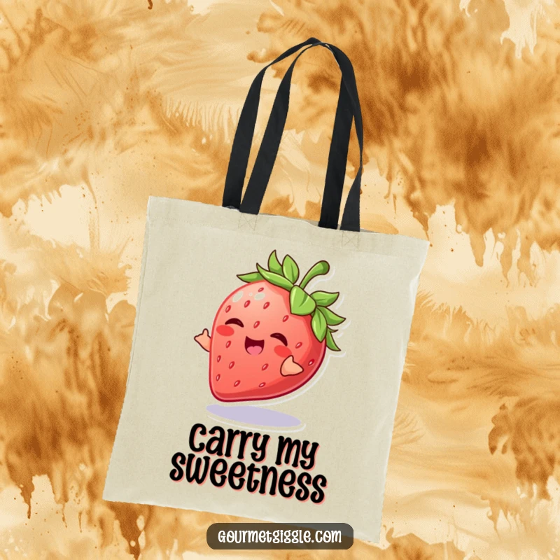 Funny Strawberry Tote Bag showcasing a giggling strawberry in a playful spin, perfect for carrying essentials with fruity flair.