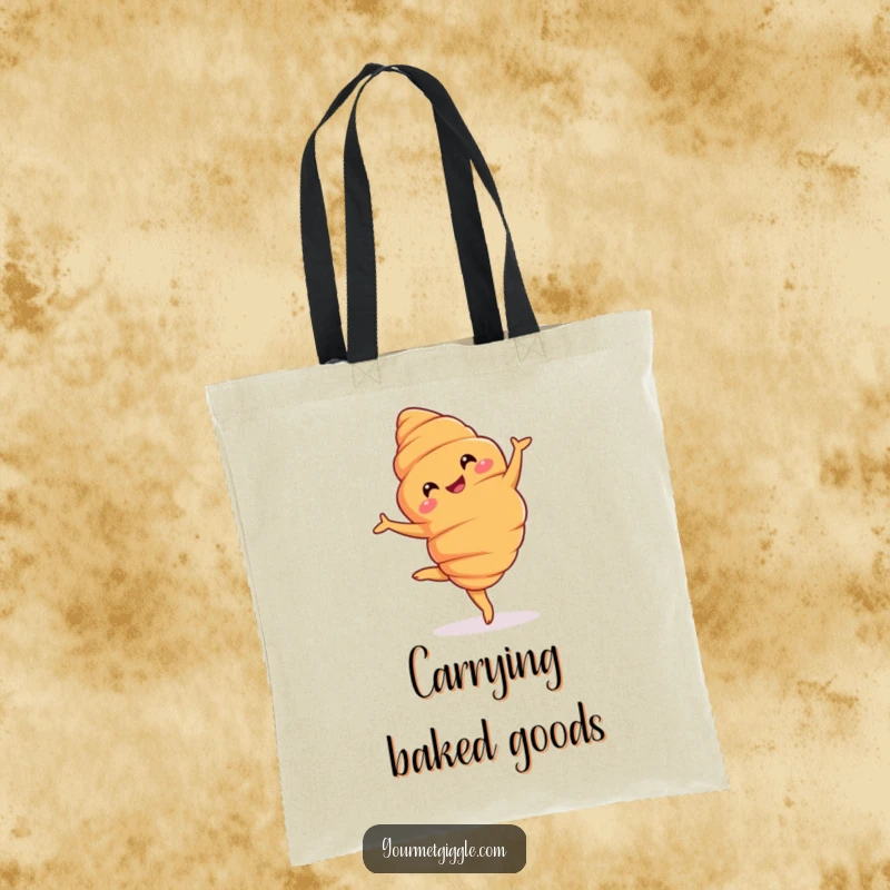 Funny Tote Bag: A grinning croissant performing a graceful pirouette, perfect for carrying essentials with a dash of Parisian flair.