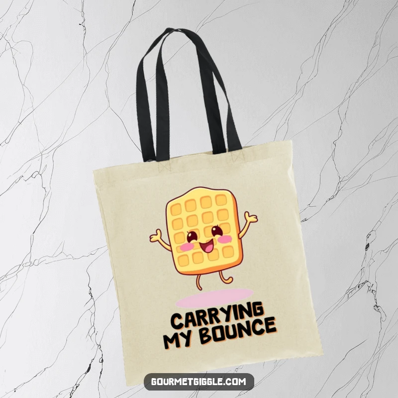 Funny Tote Bag featuring a cheerful waffle character doing a happy little bounce, perfect for carrying daily essentials.