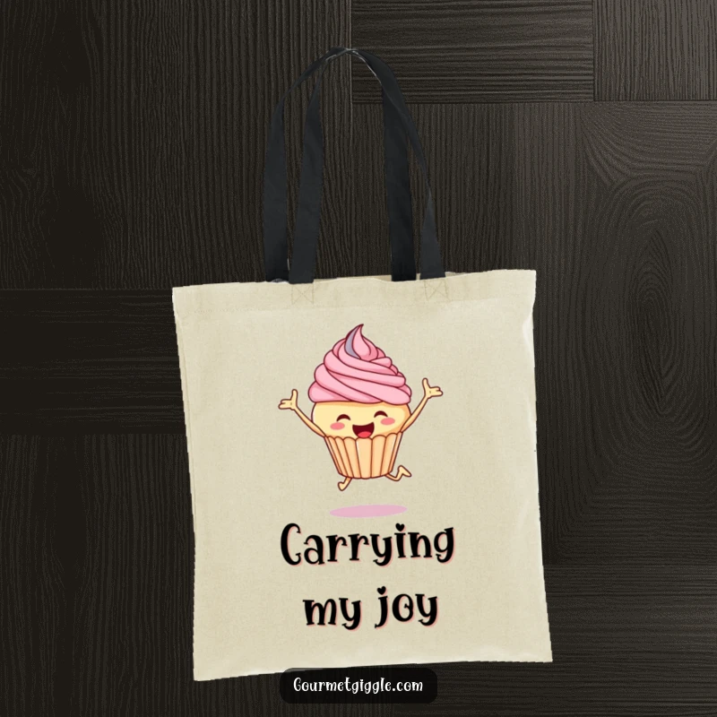 Funny cupcake tote bag showing a jubilant cupcake leaping with excitement, perfect for daily use.