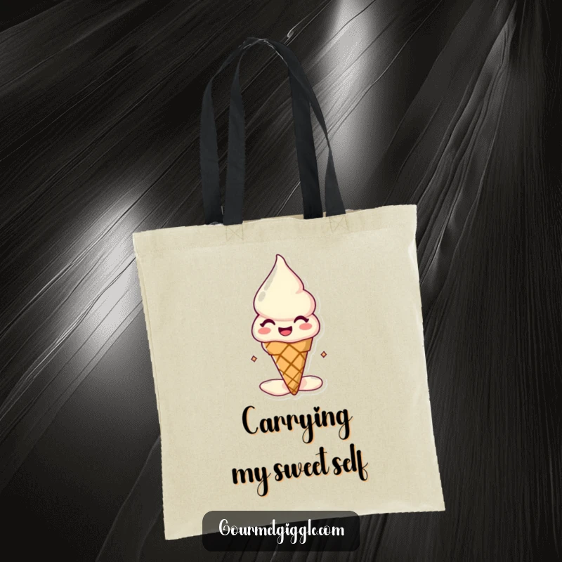 Funny melting ice cream cone tote bag featuring a happy, slightly melty dessert, ready to carry your goods with a smile.