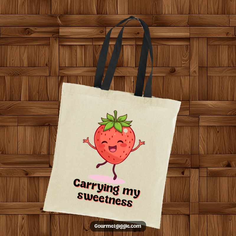Funny tote bag showing a smiling strawberry with legs dancing joyfully, perfect for everyday use.